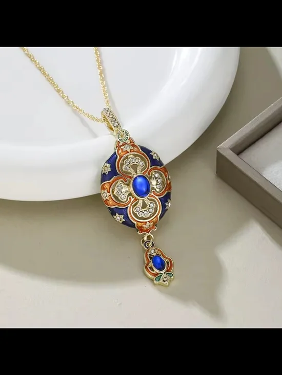Gold-Tone Blue and Orange Enamel Pendant Necklace - Picture 1 of 6